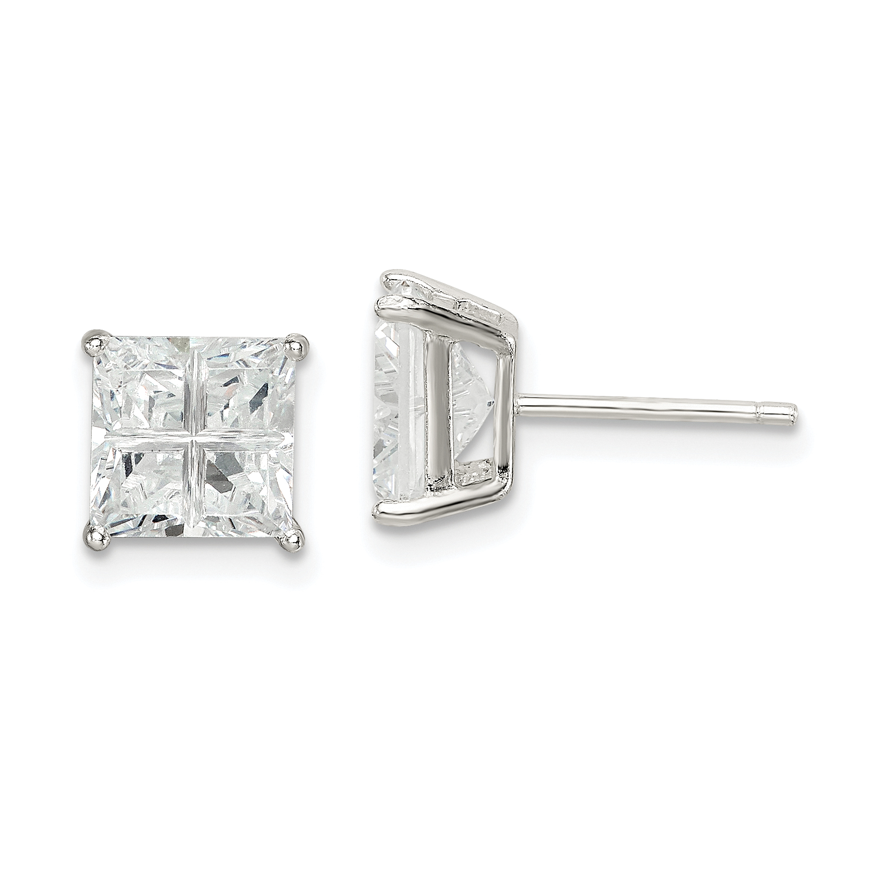 Sterling Silver 7mm Square Cross-cut CZ Basket Set Stud Earrings (QE7520)