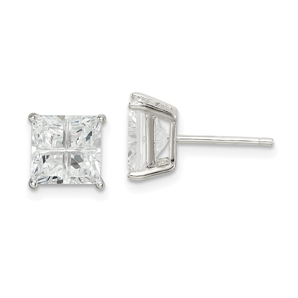 Sterling Silver 7mm Square Cross-cut CZ Basket Set Stud Earrings (QE7520)