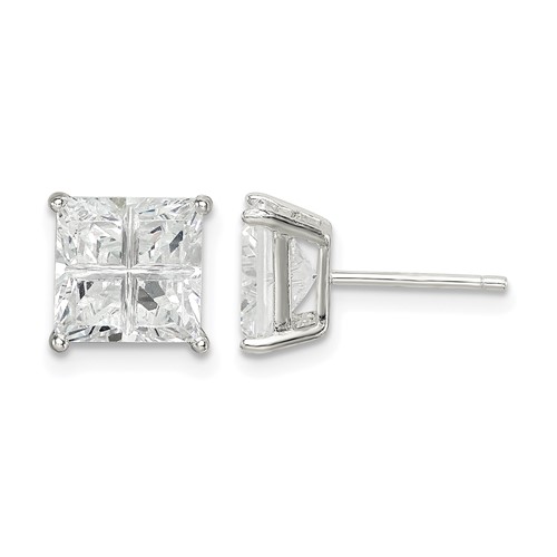 Sterling Silver 7mm Square Cross-cut CZ Basket Set Stud Earrings