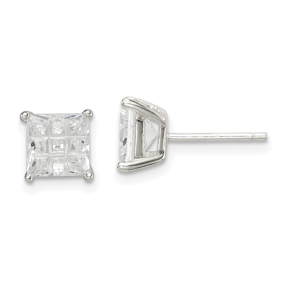 Sterling Silver 6mm Square Laser-cut CZ Basket Set Stud Earrings (QE7530)