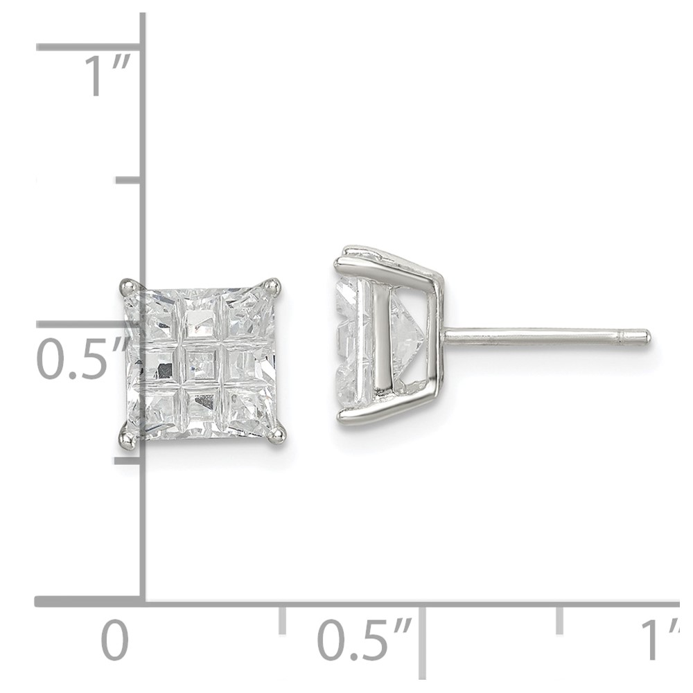 Sterling Silver 7mm Square Laser-cut CZ Basket Set Stud Earrings (QE7531)