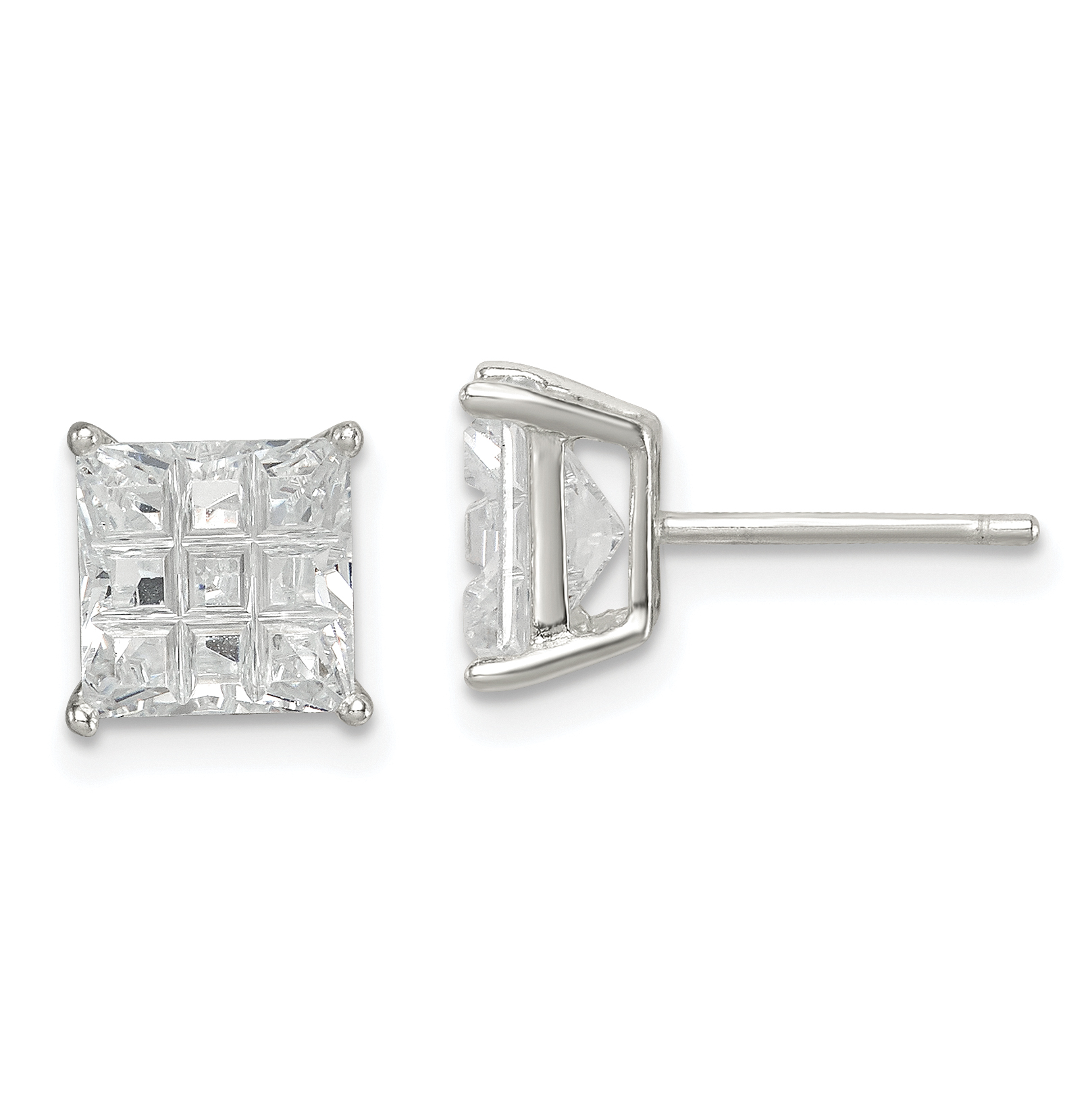 Sterling Silver 7mm Square Laser-cut CZ Basket Set Stud Earrings (QE7531)