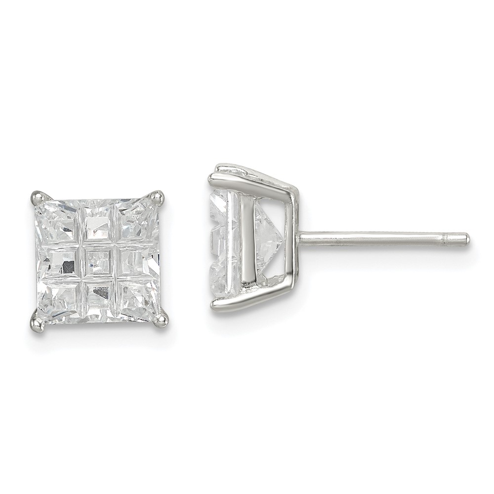 Sterling Silver 7mm Square Laser-cut CZ Basket Set Stud Earrings (QE7531)