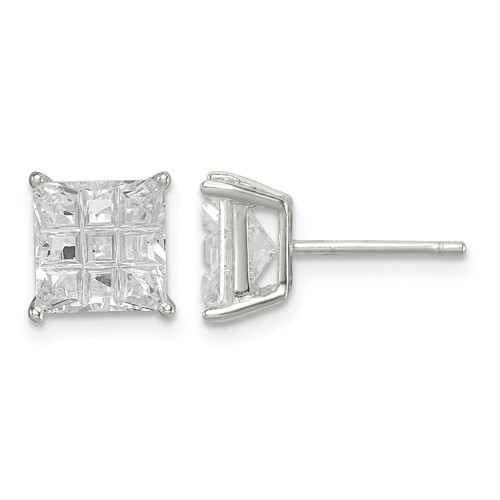 Sterling Silver 7mm Square Laser-cut CZ Basket Set Stud Earrings