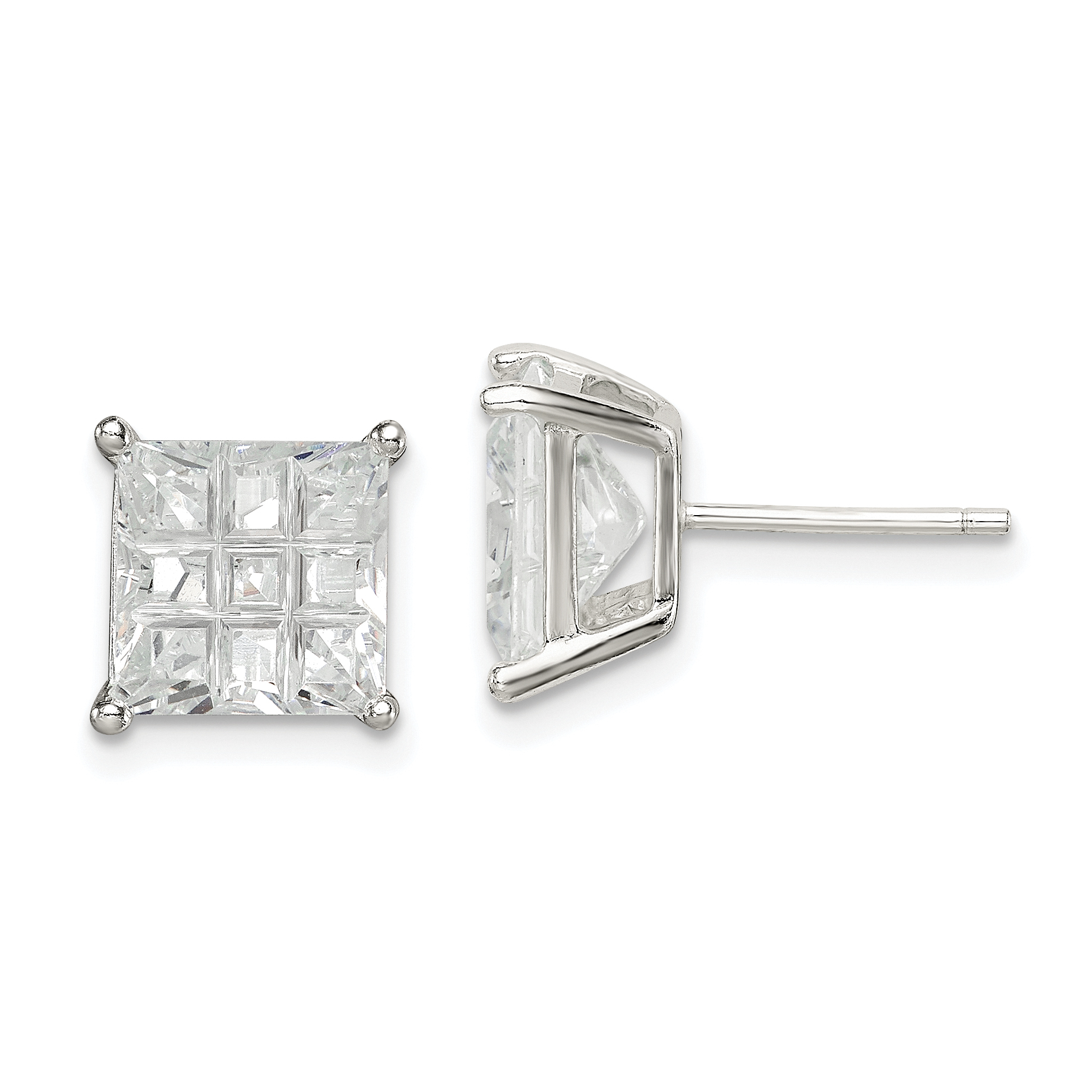 Sterling Silver 8mm Square Laser-cut CZ Basket Set Stud Earrings (QE7532)
