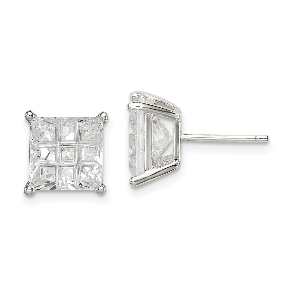 Sterling Silver 8mm Square Laser-cut CZ Basket Set Stud Earrings (QE7532)