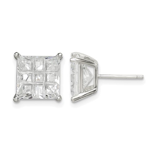 Sterling Silver 8mm Square Laser-cut CZ Basket Set Stud Earrings