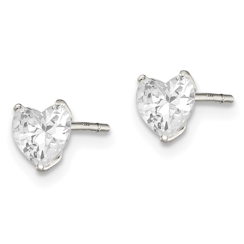 Sterling Silver Polished 5mm Heart 3 Prong Basket Set CZ Stud Earrings (QE7536)