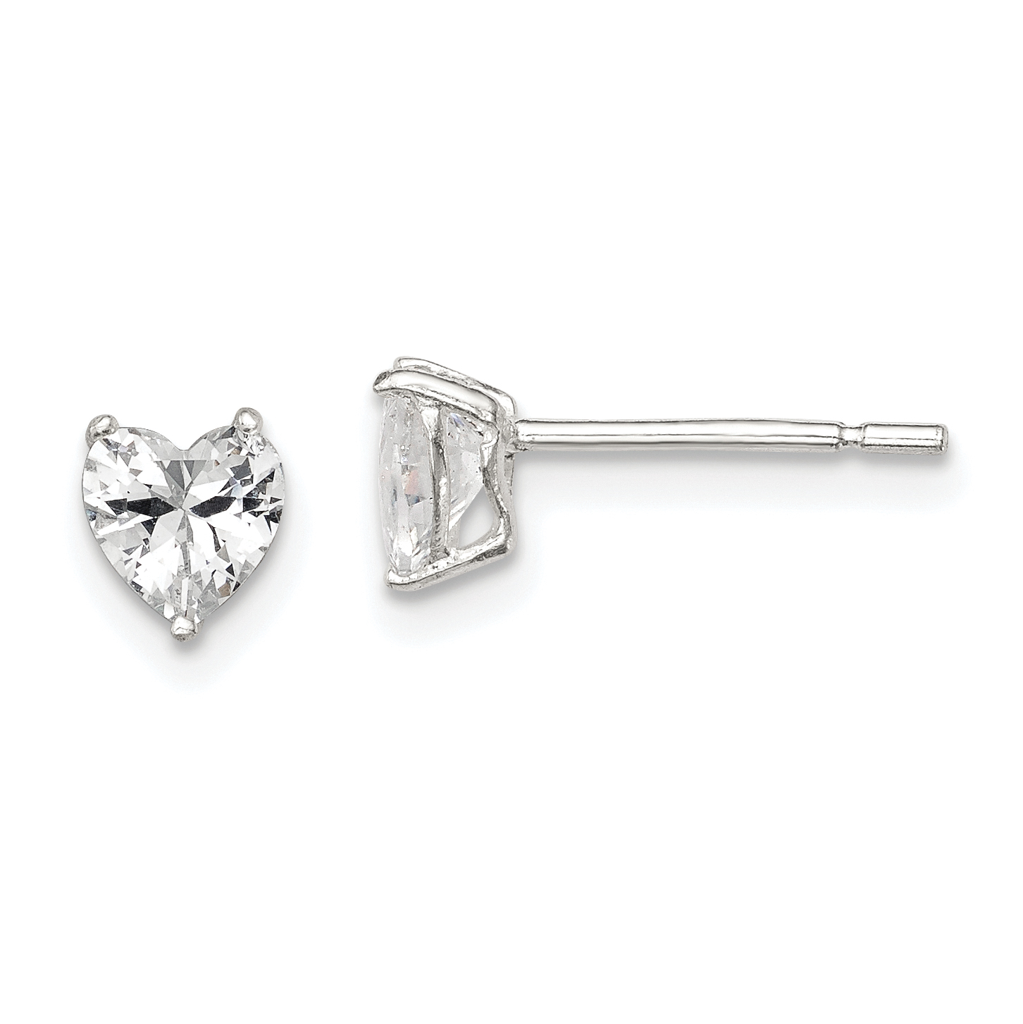 Sterling Silver Polished 5mm Heart 3 Prong Basket Set CZ Stud Earrings (QE7536)