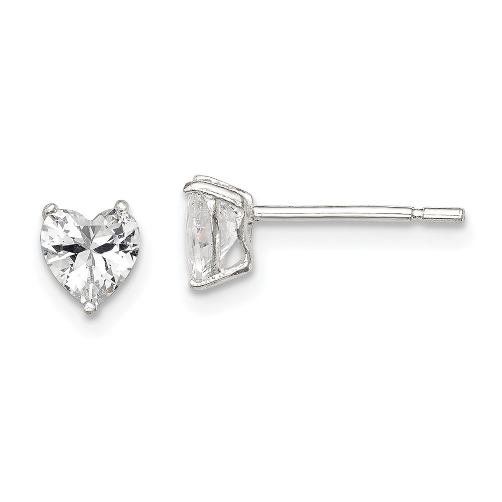 Sterling Silver Polished 5mm Heart 3 Prong Basket Set CZ Stud Earrings (QE7536)
