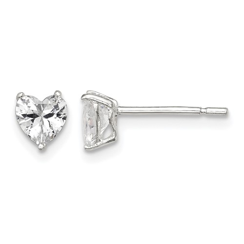 Sterling Silver Polished 5mm Heart 3 Prong Basket Set CZ Stud Earrings