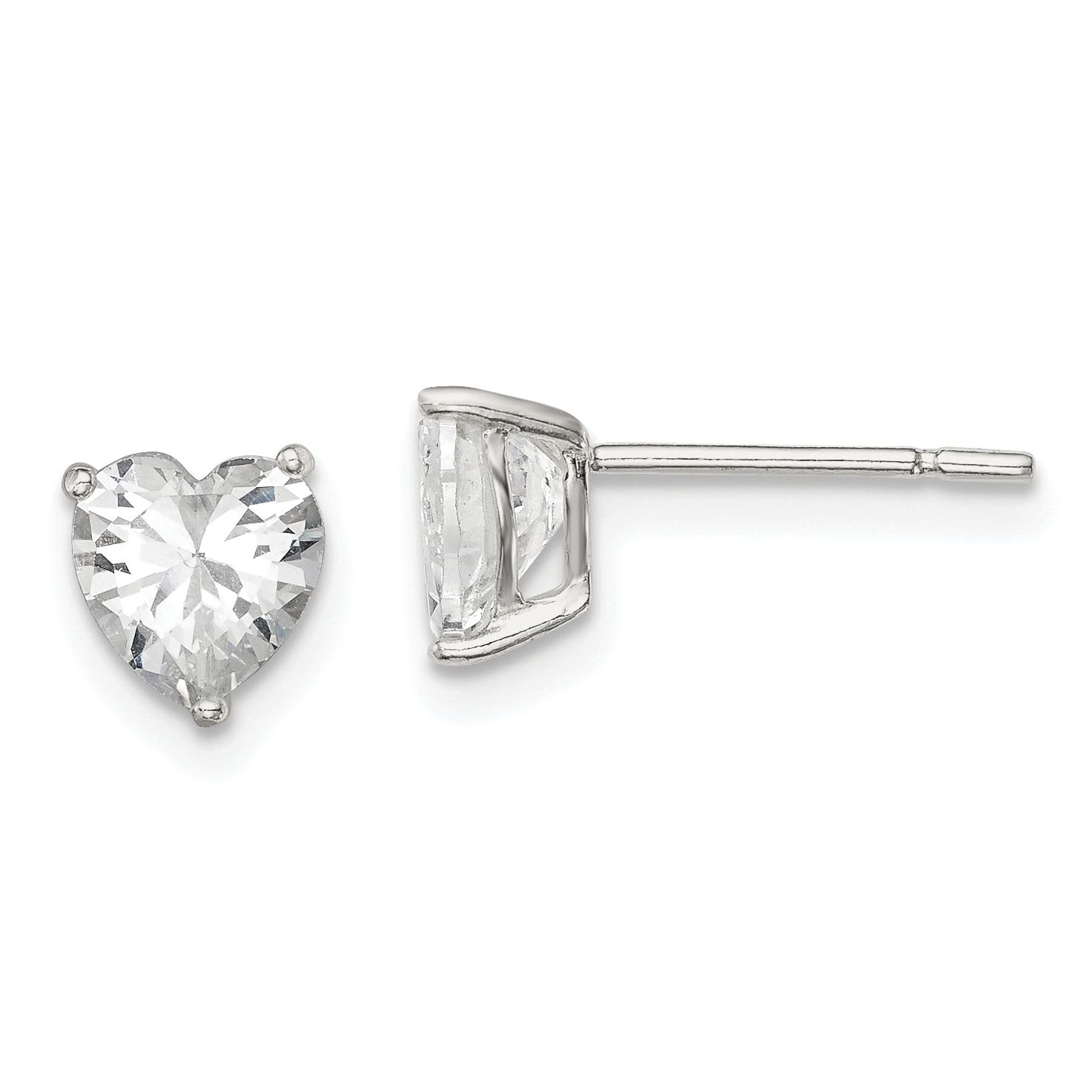 Sterling Silver Polished 6mm Heart 3 Prong Basket Set CZ Stud Earrings (QE7537)