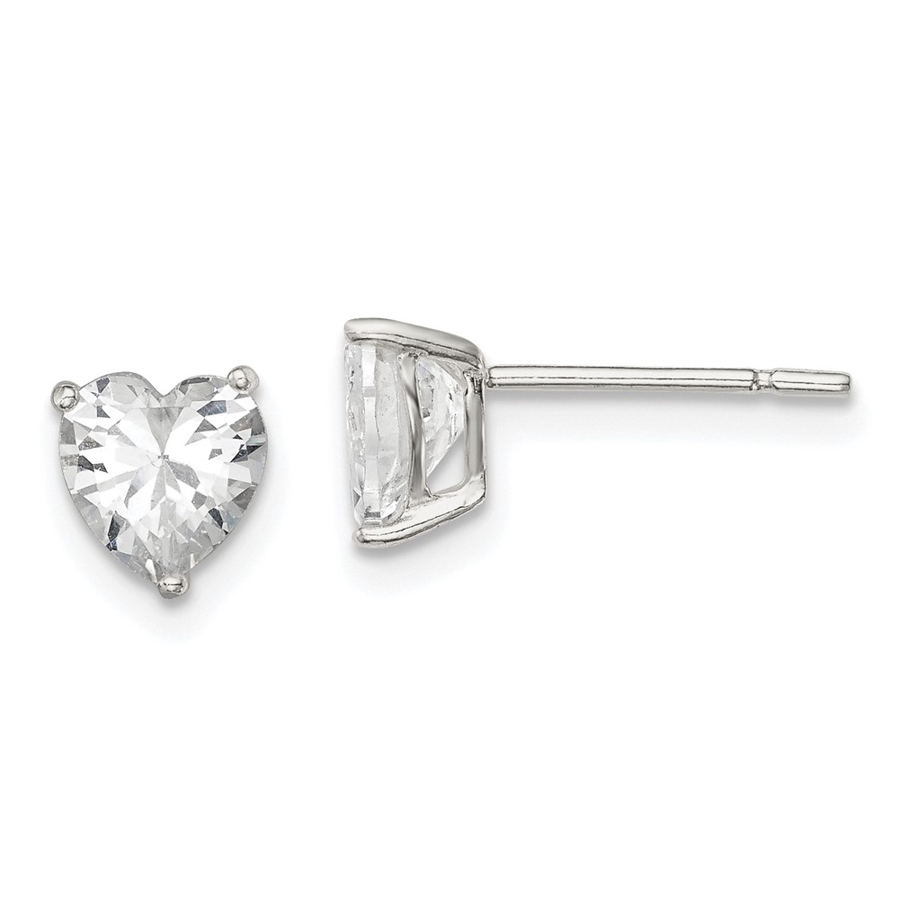 Sterling Silver Polished 6mm Heart 3 Prong Basket Set CZ Stud Earrings (QE7537)