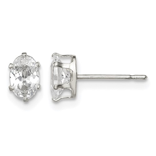 Sterling Silver Polished 6x 4mm Oval Snap Set CZ Stud Earrings