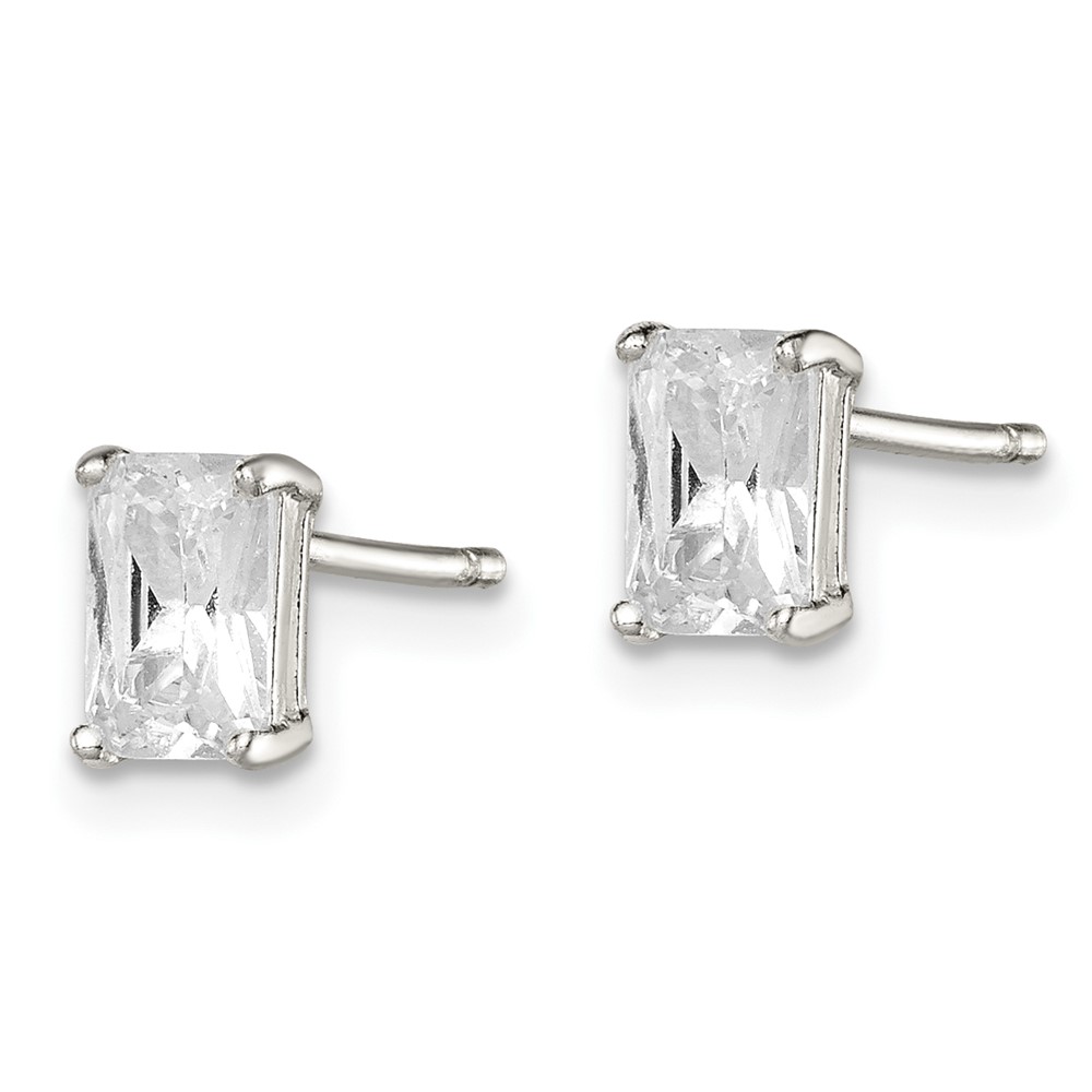 Sterling Silver Polished Emerald-cut 6x4mm Basket Set CZ Stud Earrings (QE7556)