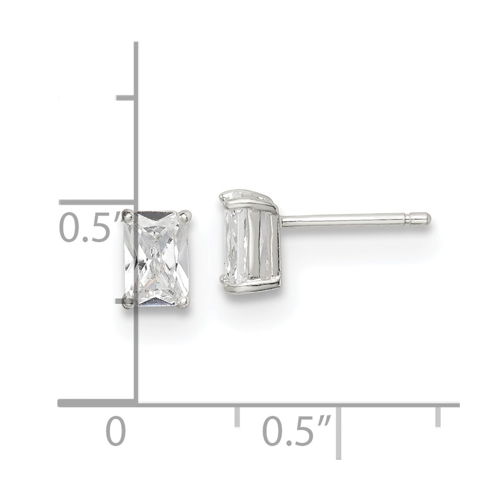Sterling Silver Polished Emerald-cut 6x4mm Basket Set CZ Stud Earrings (QE7556)