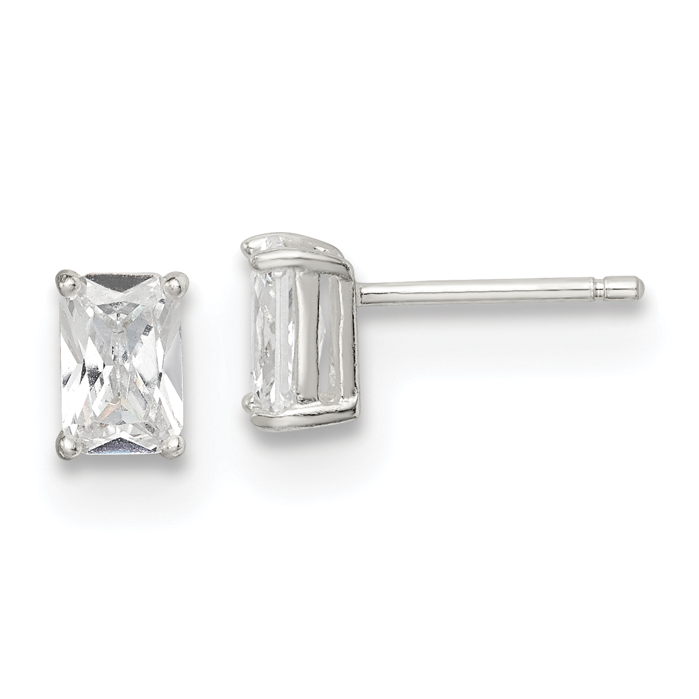 Sterling Silver Polished Emerald-cut 6x4mm Basket Set CZ Stud Earrings (QE7556)