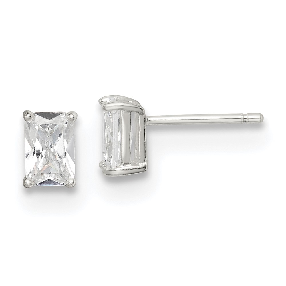 Sterling Silver Polished Emerald-cut 6x4mm Basket Set CZ Stud Earrings (QE7556)
