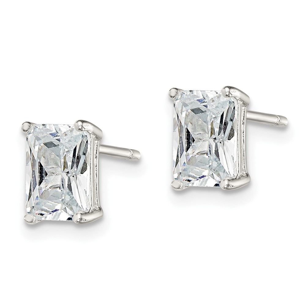 Sterling Silver Polished Emerald-cut 7x5mm Basket Set CZ Stud Earrings (QE7557)