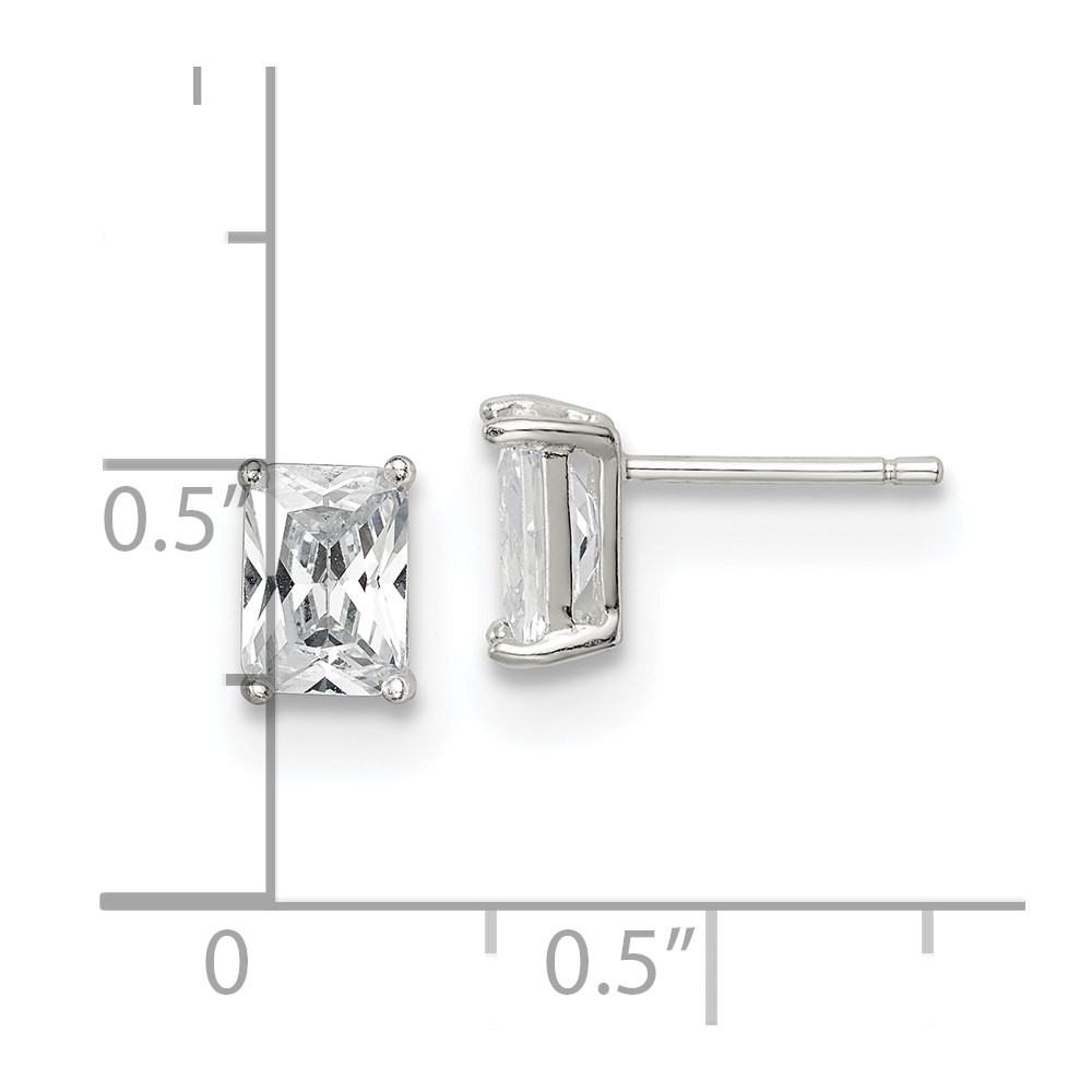 Sterling Silver Polished Emerald-cut 7x5mm Basket Set CZ Stud Earrings (QE7557)