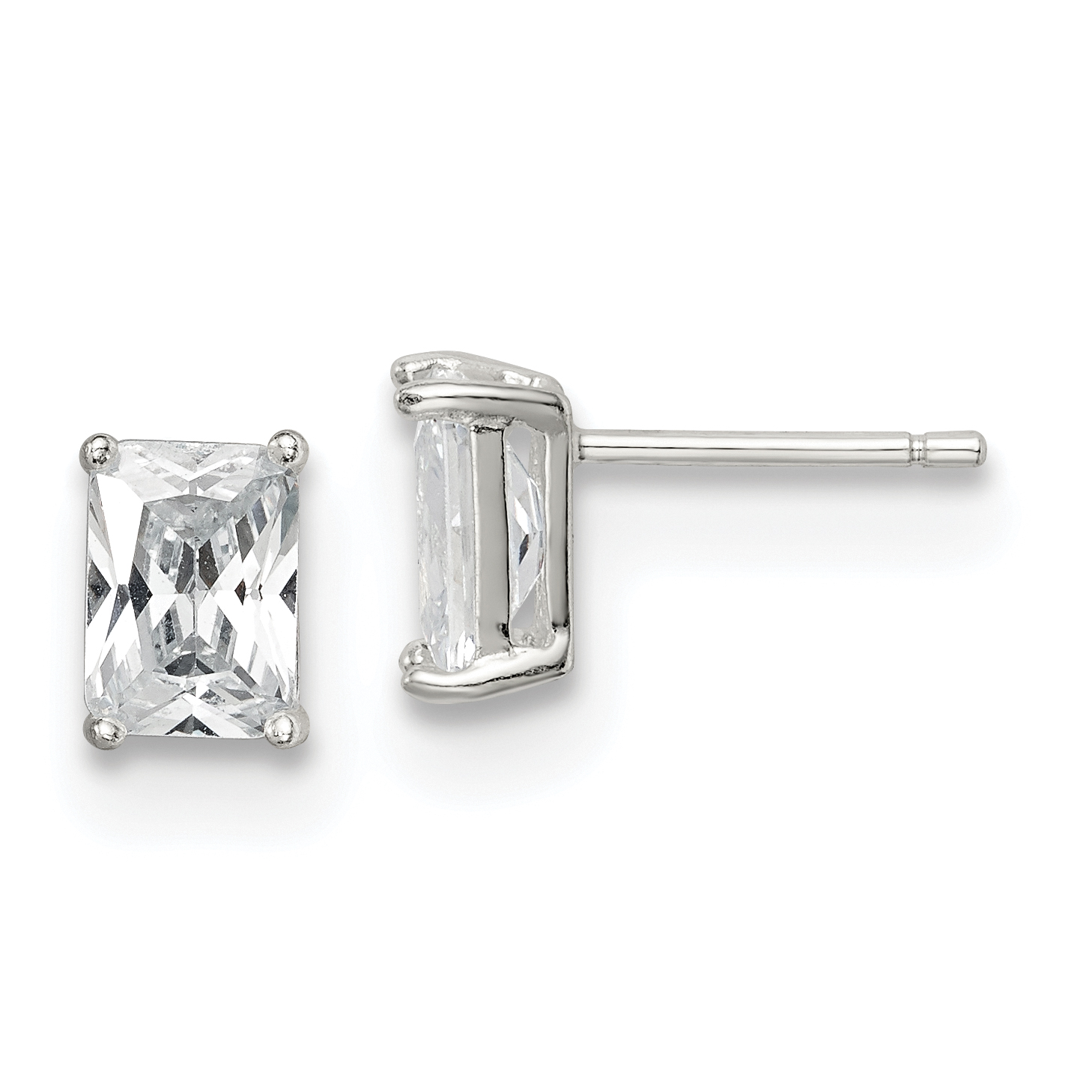 Sterling Silver Polished Emerald-cut 7x5mm Basket Set CZ Stud Earrings (QE7557)