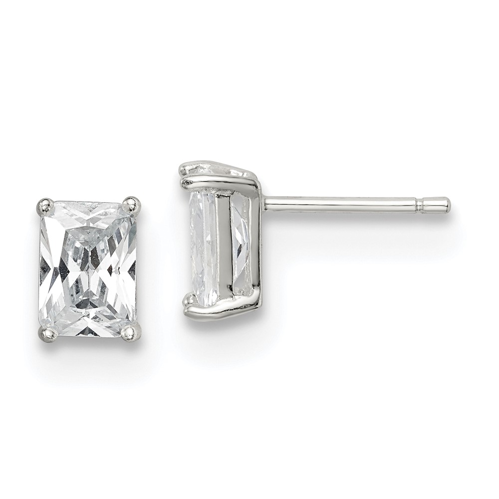 Sterling Silver Polished Emerald-cut 7x5mm Basket Set CZ Stud Earrings (QE7557)