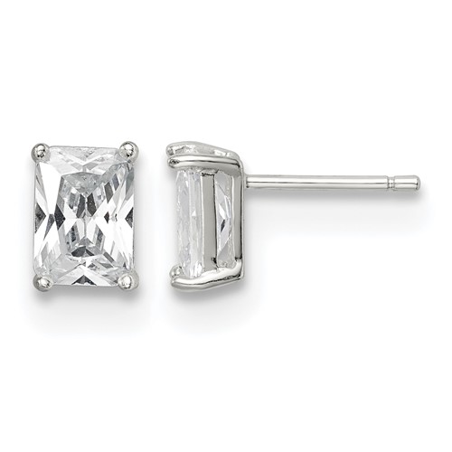 Sterling Silver Polished Emerald-cut 7x 5mm Basket Set CZ Stud Earrings