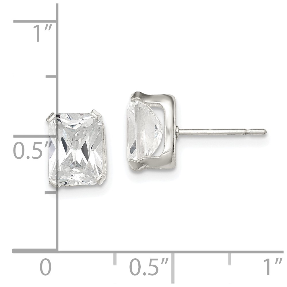Sterling Silver Polished Emerald-cut 8x6mm Basket Set CZ Stud Earrings (QE7558)
