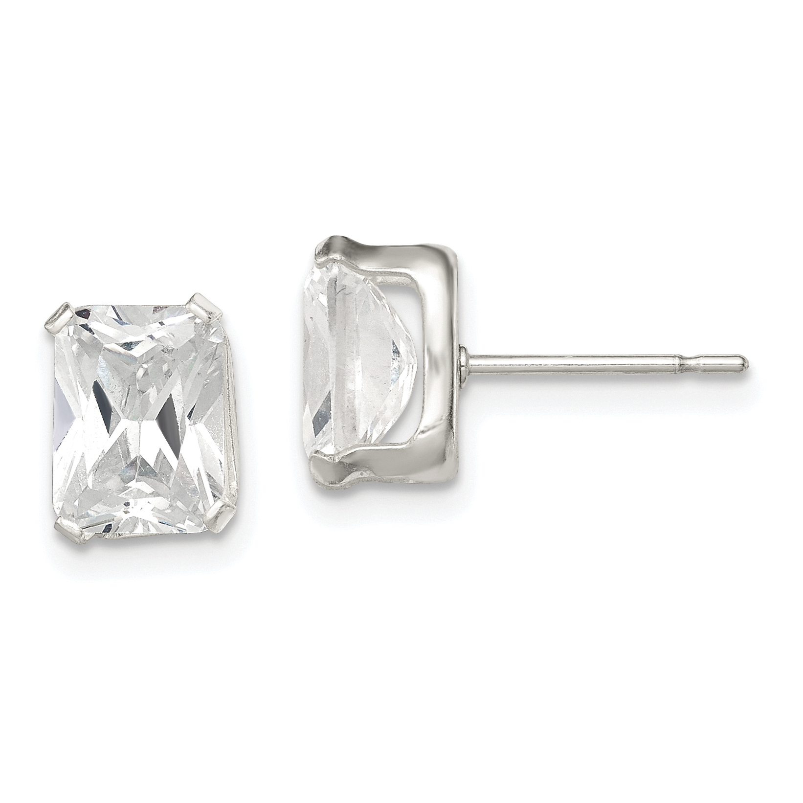 Sterling Silver Polished Emerald-cut 8x6mm Basket Set CZ Stud Earrings (QE7558)