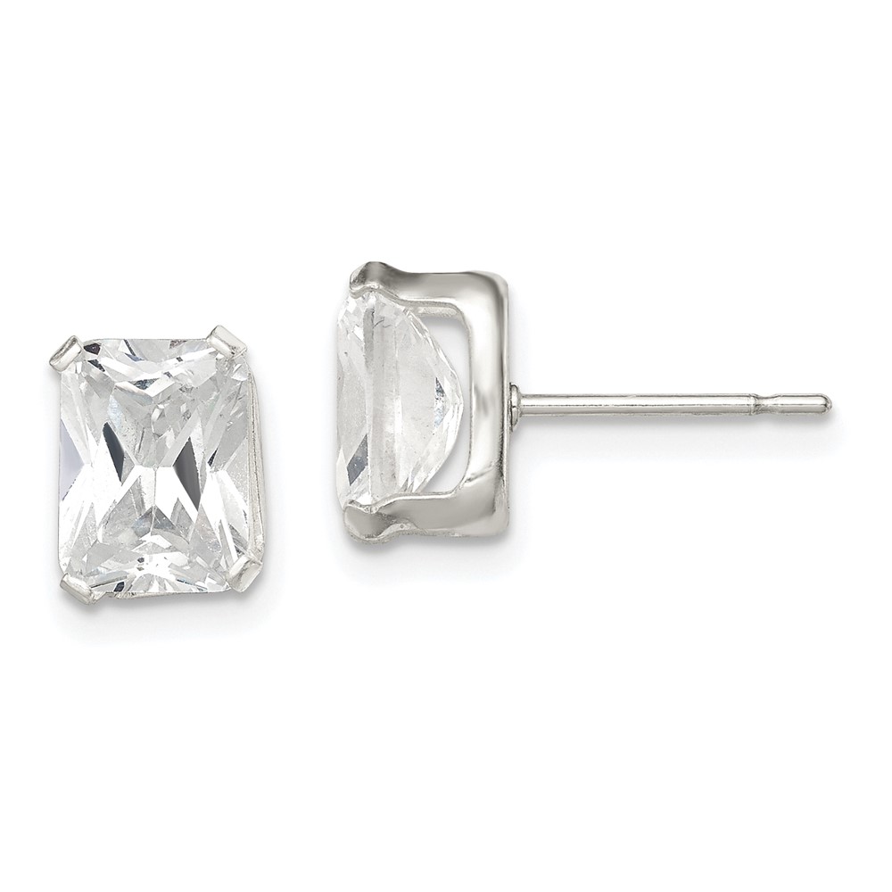 Sterling Silver Polished Emerald-cut 8x6mm Basket Set CZ Stud Earrings (QE7558)