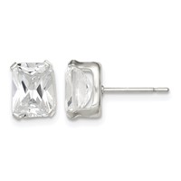 Sterling Silver Polished Emerald-cut 8x6mm Basket Set CZ Stud Earrings view 1