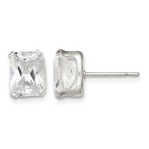 Sterling Silver Polished Emerald-cut 8x 6mm Basket Set CZ Stud Earrings