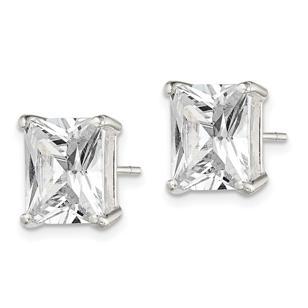 Sterling Silver Polished Emerald-cut 10x8mm Basket Set CZ Stud Earrings (QE7559)