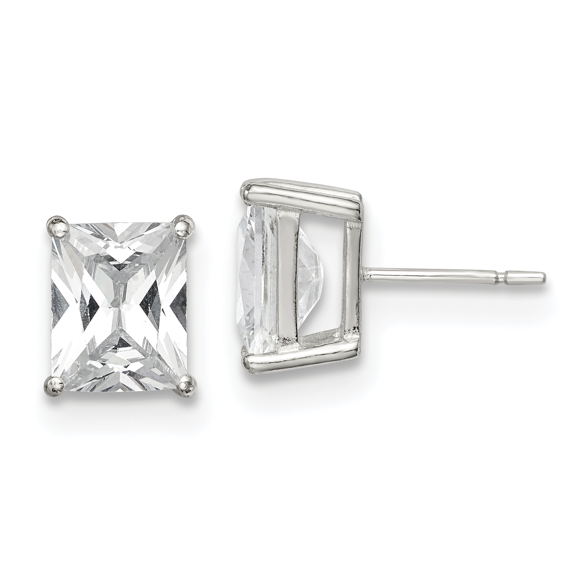 Sterling Silver Polished Emerald-cut 10x8mm Basket Set CZ Stud Earrings (QE7559)