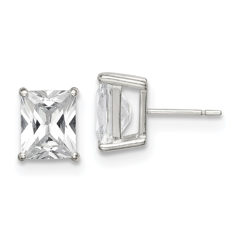 Sterling Silver Polished Emerald-cut 10x8mm Basket Set CZ Stud Earrings (QE7559)