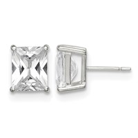 Sterling Silver Polished Emerald-cut 10x 8mm Basket Set CZ Stud Earrings view 1