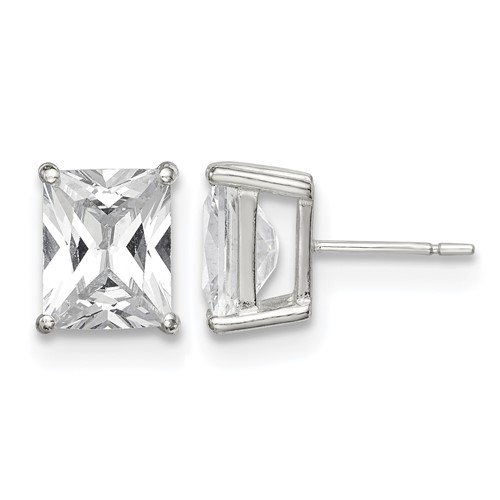 Sterling Silver Polished Emerald-cut 10x 8mm Basket Set CZ Stud Earrings