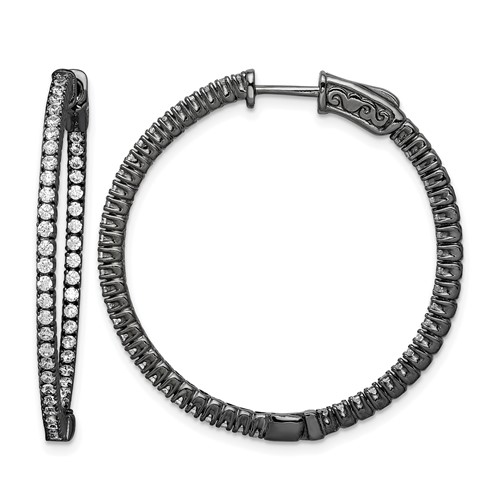 Sterling Shimmer Black Rhodium-plated 100 Stone 1.3mm CZ in and Out Round Hinged Hoop Earrings