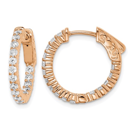 Sterling Shimmer Sterling Silver Rose-tone Rose Gold-plated 32 Stone 2.0mm CZ in and Out Round Hinged Hoop Earrings