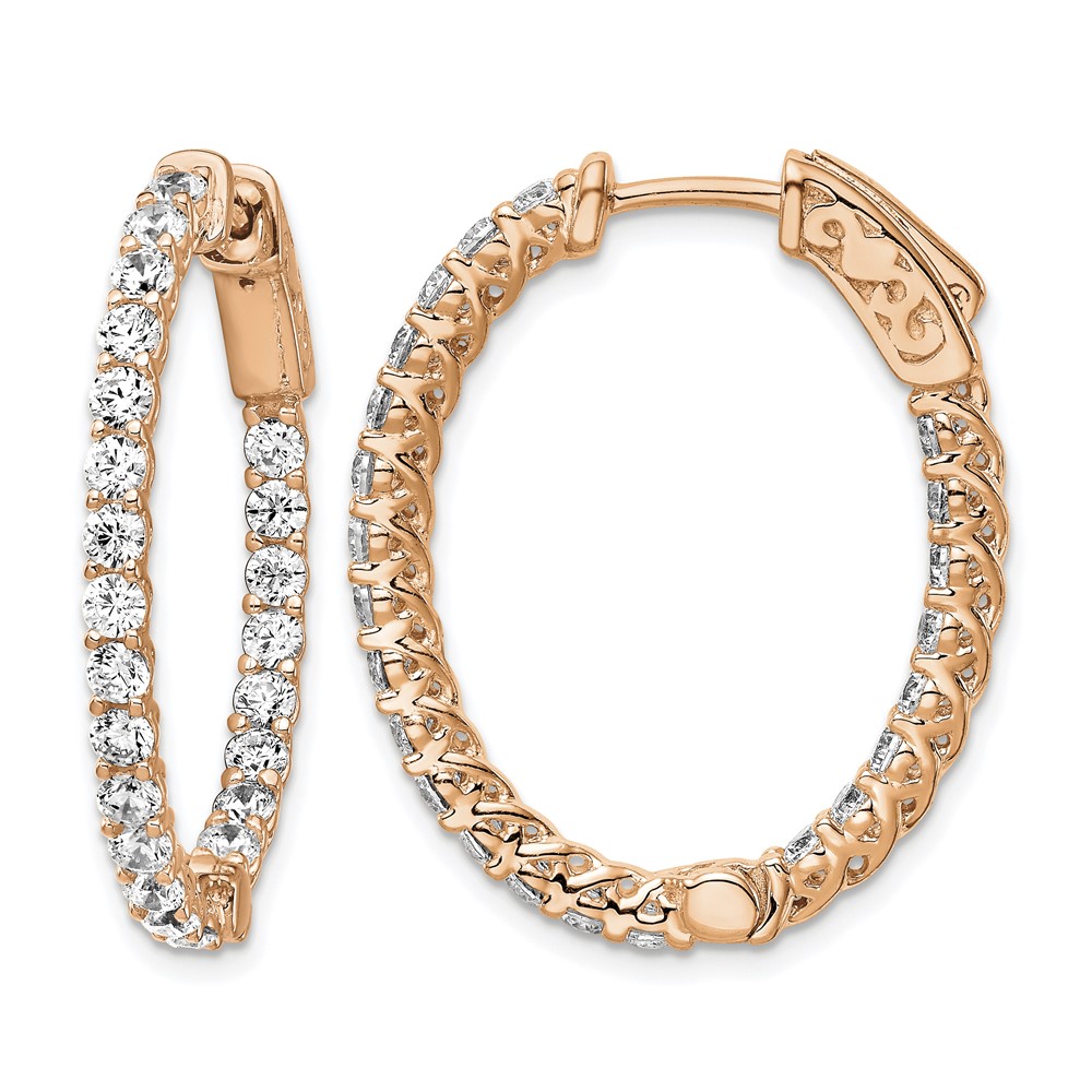 Sterling Shimmer Sterling Silver Rose-tone Flash Rose Gold-plated 46 Stone 2.25mm CZ in and Out Oval Hinged Hoop Earrings
