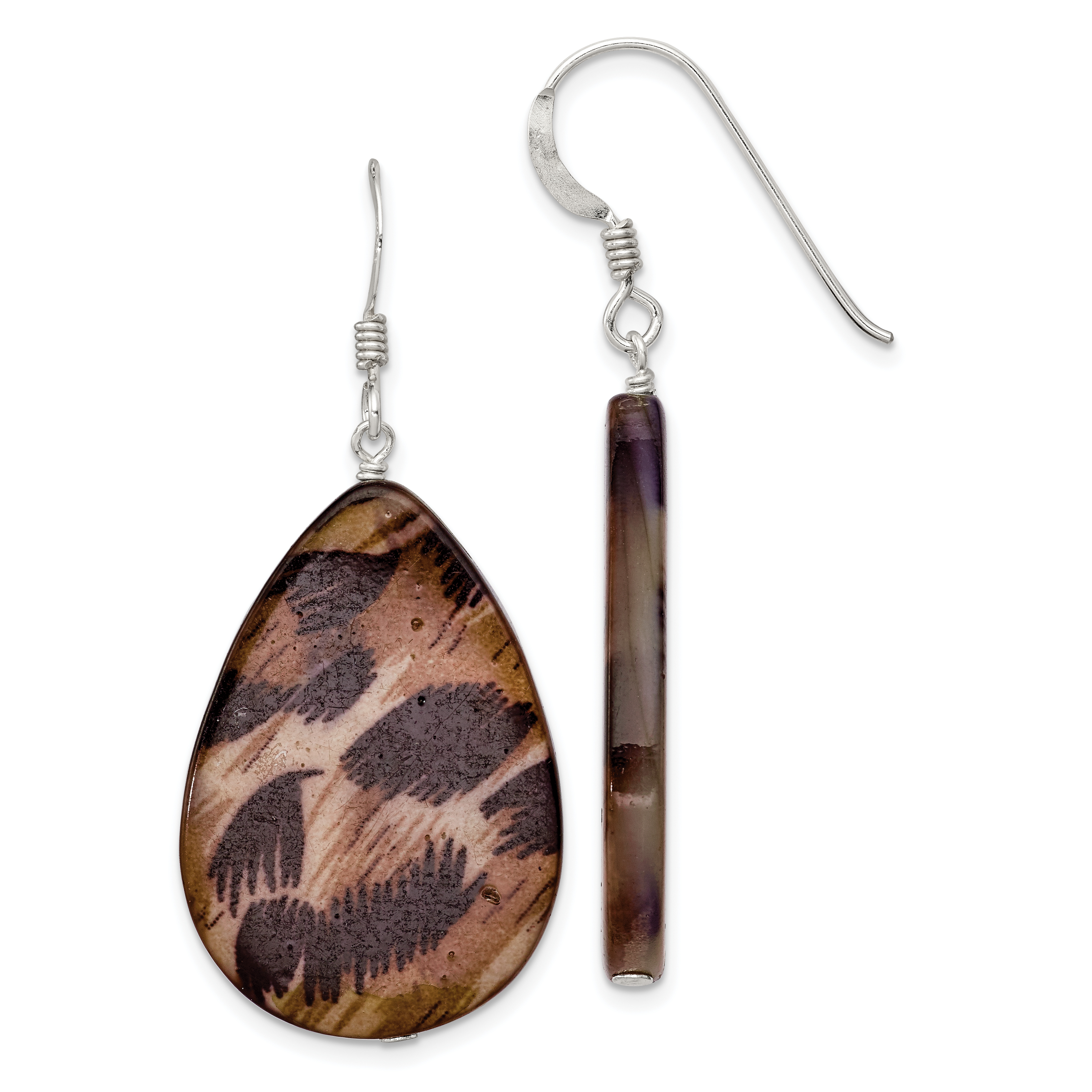 Sterling Silver Polished Brown Mother of Pearl Teardrop Dangle Earrings (QE7592)