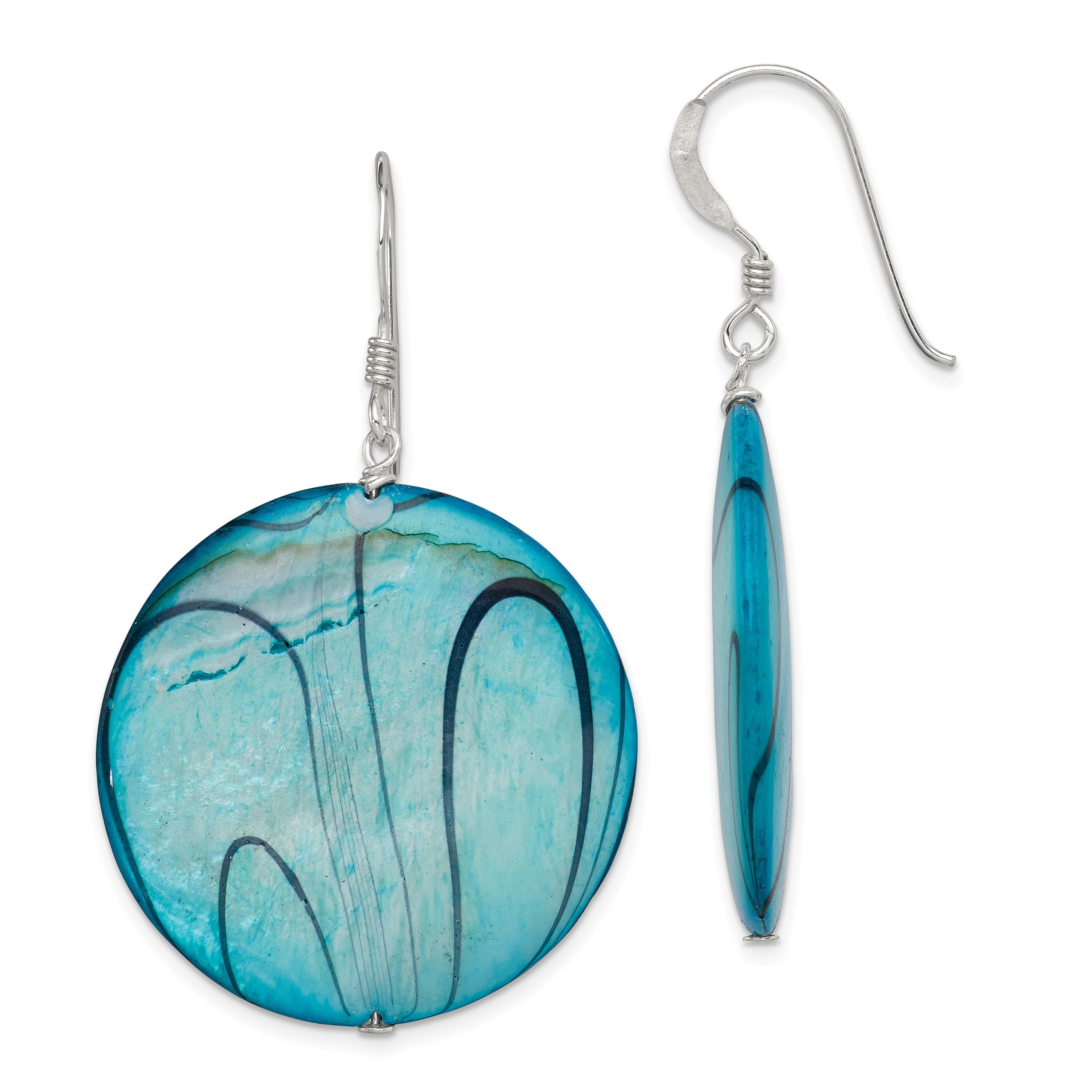 Sterling Silver Polished Blue Mother of Pearl Circle Dangle Earrings (QE7615)
