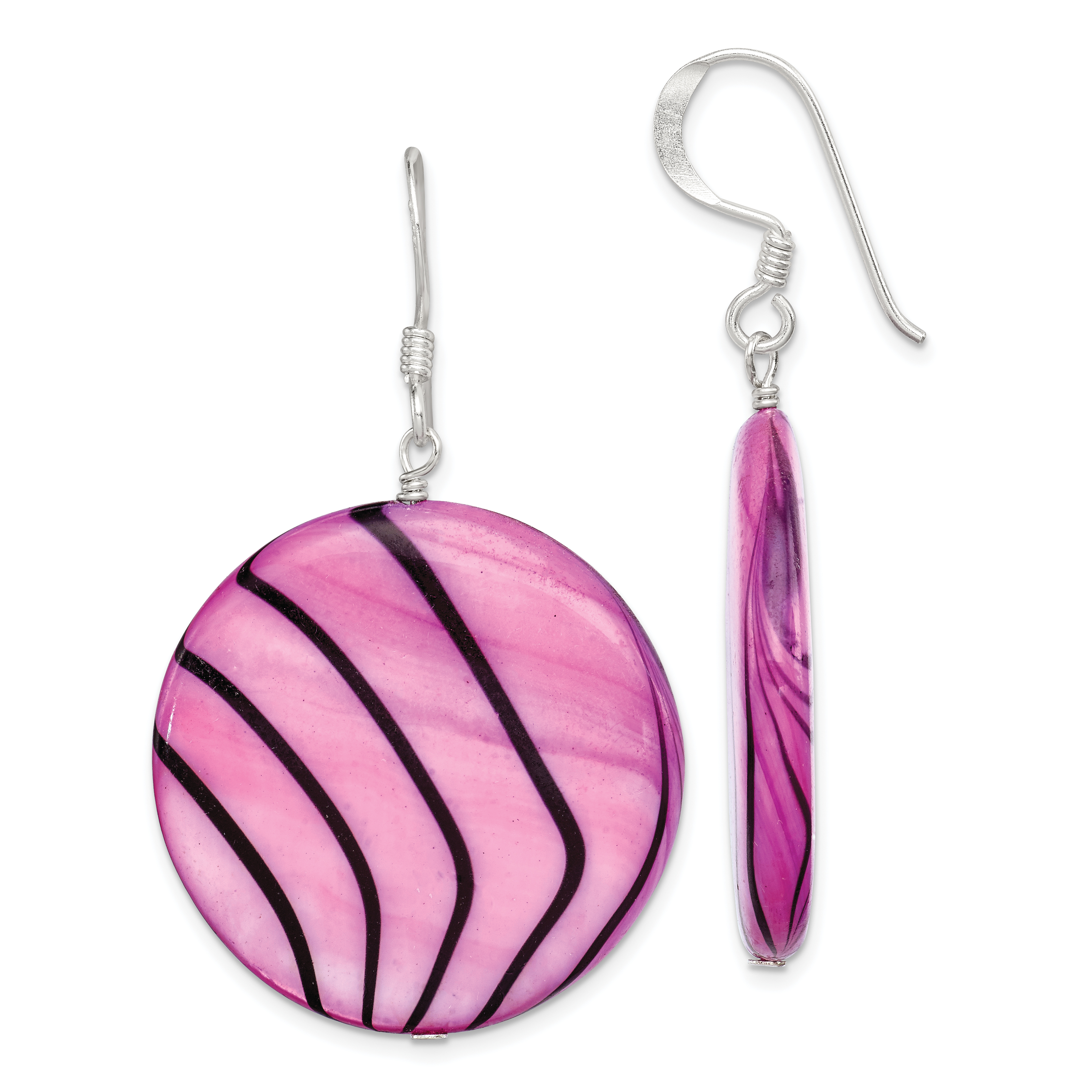 Sterling Silver Polished Pink & Black Mother of Pearl Disc Dangle Earrings (QE7620)