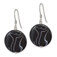 Sterling Silver Polished Black Agate Disc Dangle Earrings view 2