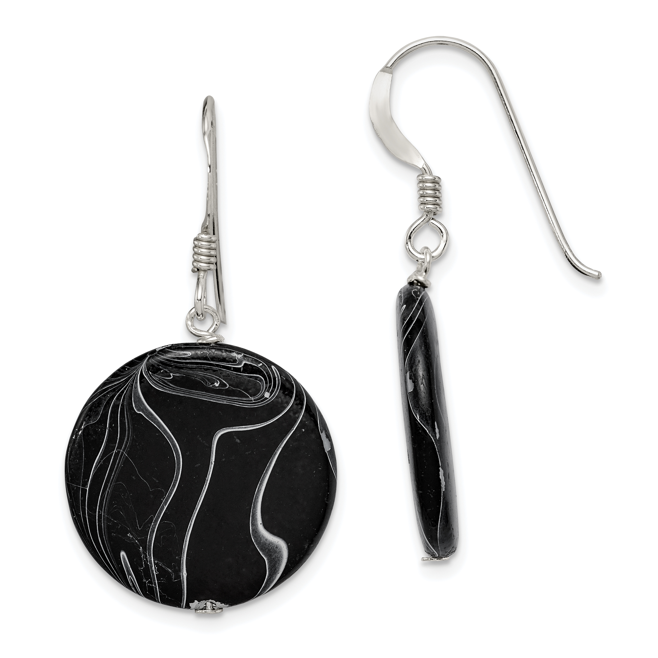 Sterling Silver Polished Black Agate Disc Dangle Earrings (QE7621)