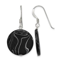 Sterling Silver Polished Black Agate Disc Dangle Earrings view 1