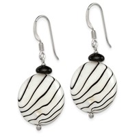 Sterling Silver Polished Black Agate Zebra Mother of Pearl Dangle French Hook Earrings view 2