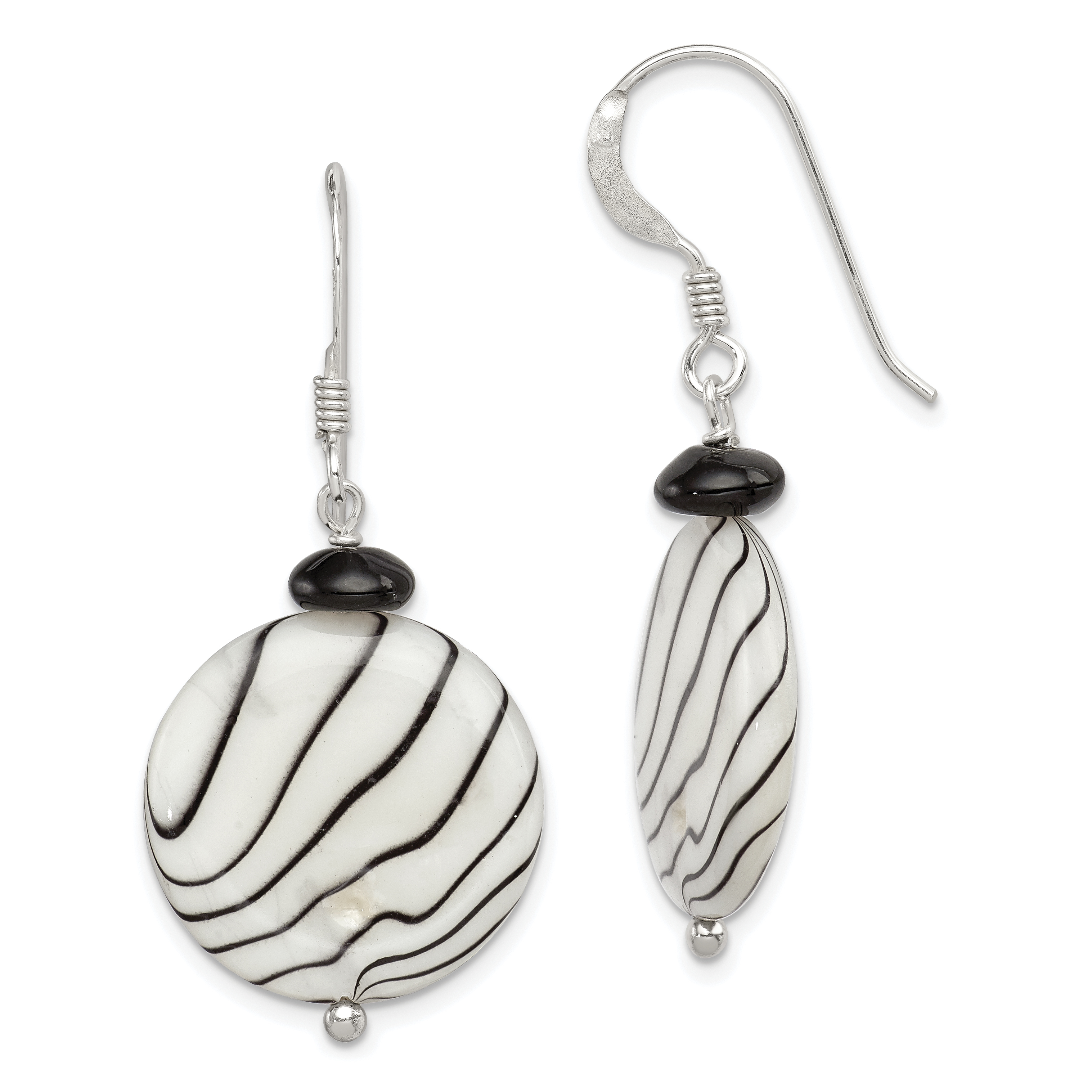 Sterling Silver Polished Black Agate/Zebra Mother of Pearl Dangle Earrings (QE7622)