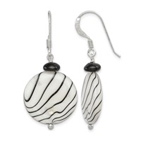 Sterling Silver Polished Black Agate Zebra Mother of Pearl Dangle French Hook Earrings view 1