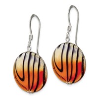 Sterling Silver Polished Orange Black Mother of Pearl Disc Dangle Earrings view 2